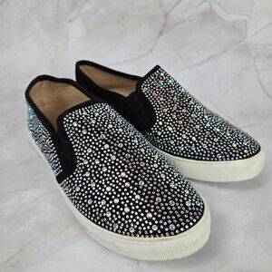 LaSheelah Size 6 Black Sneakers Silver/Clear Crystal Covered Slip On Style
